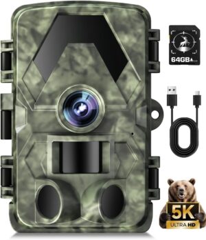 Trail Camera, 5K 60MP Game Camera with No Glow Night Vision, 150°Wide-Angle, 0.05s Trigger Speed Motion Activated IP66 Waterproof for Wildlife Scouting, Home Security, Green